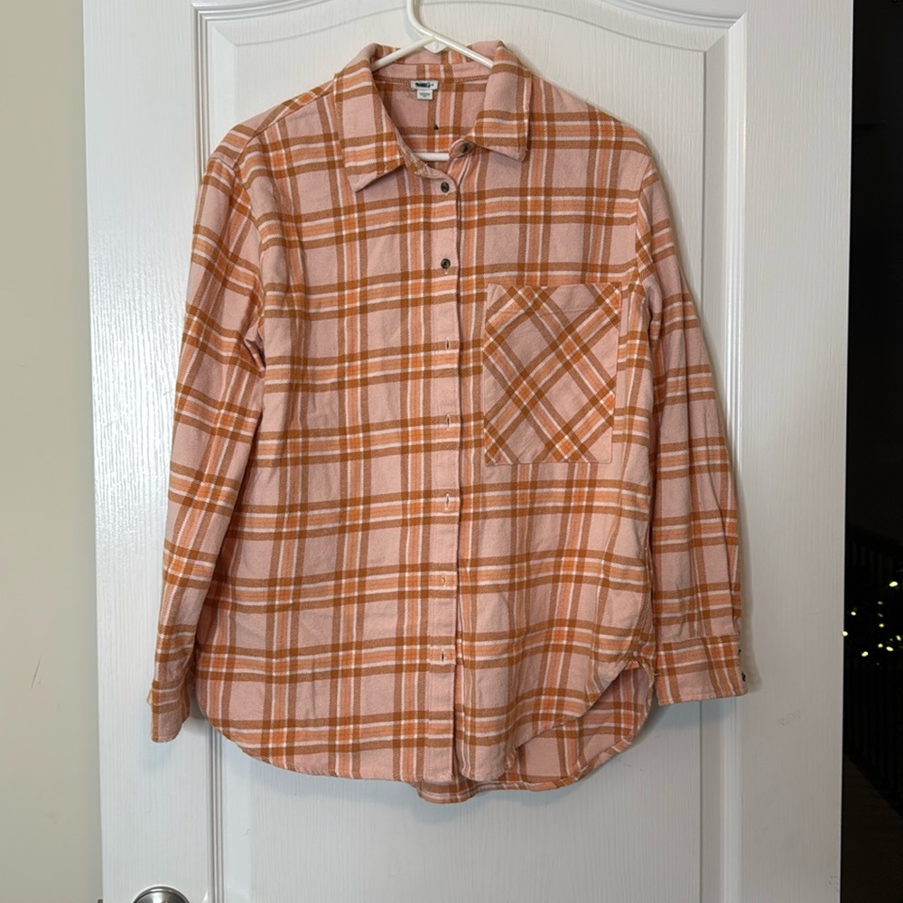 Aerie Thick Flannel Button Down Plaid Shirt Orange Pink Medium